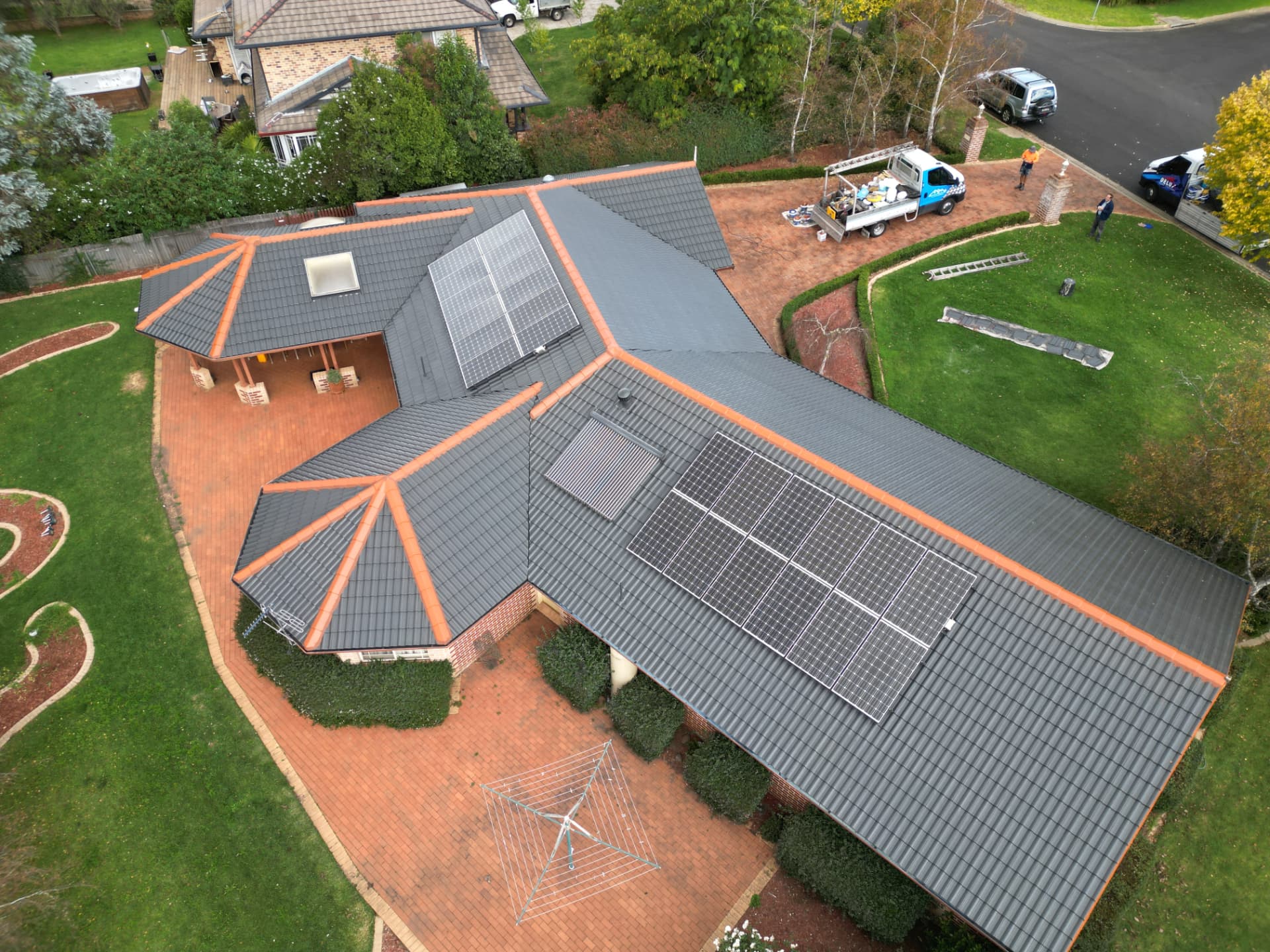 Aerial view of a completed charcoal concrete tile roof restoration in Armidale